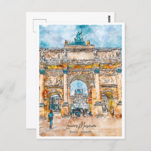 Cartão Postal Louvre Paris Viagem Place Watercolor