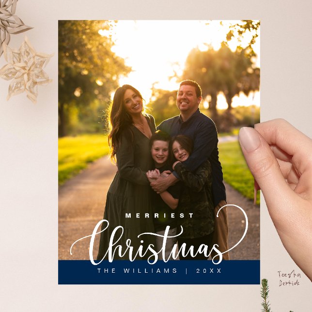 Cartão Postal Love and Joy, Merry Christmas Family Photo (Love and Joy, Merry Christmas Family Photo Modern Cute Typography Postcard in Navy Blue)