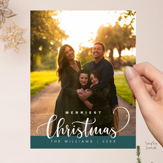 Cartão Postal Love and Joy, Merry Christmas Family Photo (Love and Joy, Merry Christmas Family Photo Modern Cute Typography Postcard in Emerald Green)