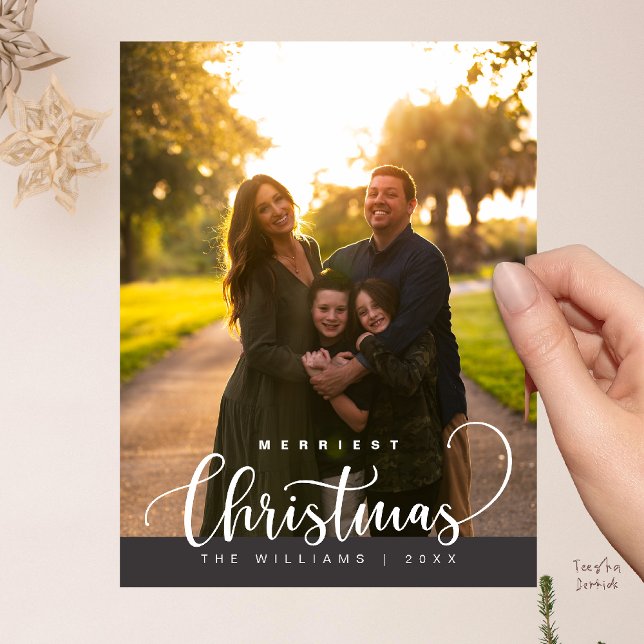 Cartão Postal Love and Joy, Merry Christmas Family Photo (Love and Joy, Merry Christmas Family Photo Modern Cute Typography Postcard in Charcoal Grey)
