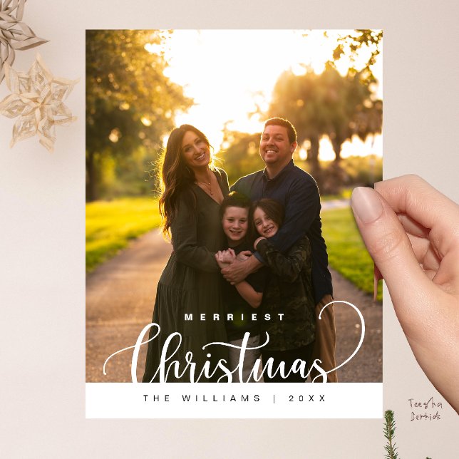 Cartão Postal Love and Joy, Merry Christmas Family Photo (Love and Joy, Merry Christmas Family Photo Modern Cute Typography Postcard)