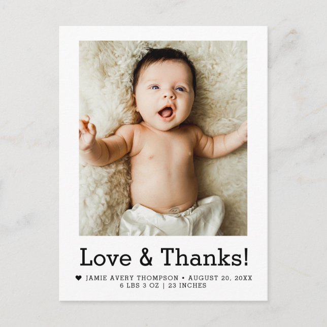 Cartão Postal Love and Thanks Baby Photo Birth announcement (Frente)