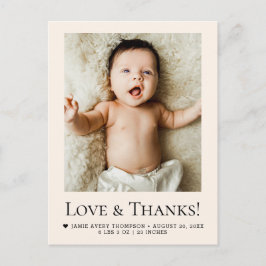 Cartão Postal Love and Thanks Beige Baby Photo Birth
