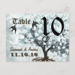 Cartão Postal Love Bird Blue Table Number Heart Leaf Tree