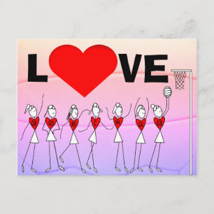 Cartão Postal Love Netball Positions Stick Figures and Heart
