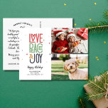 Cartão Postal Love Peace Joy Modern Typoographic 2 Photo Holiday<br><div class="desc">Mande o Natal animado com este cartão-postal festivo com suas duas fotos e arte tipográfica que lê "Love Peace Joy". O backside oferece espaço para uma nota digitada ou exclusão para deixar espaço para uma nota manuscrita. Divertido e festivo, mas simples e moderno - um cartão que certamente difunde alegria...</div>