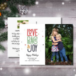 Cartão Postal Love Peace Joy Modern Typoographic 2 Photo Holiday<br><div class="desc">Mande o "Cheer" de férias com este cartão-postal festivo com as suas duas fotos e a arte da tipografia que lê "Love Peace Joy". O backside oferece espaço para uma nota digitada ou exclusão para deixar espaço para uma nota manuscrita. Divertido e festivo, mas simples e moderno - um cartão...</div>