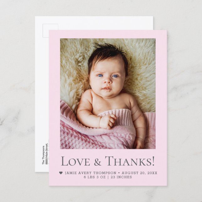 Cartão Postal Love & Thanks Blush Pink Baby Photo announcement (Frente/Verso)