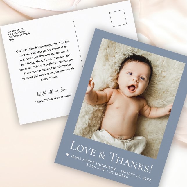 Cartão Postal Love & Thanks Dusty blue Baby Photo announcement (Custom baby boy photo dusty blue Love and thanks with birth stats, message, names postcard.)