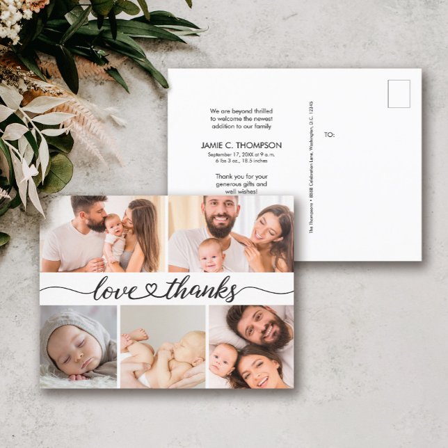 Cartão Postal Love & Thanks Multi Photo Baby Birth Announcement  (Criador carregado)