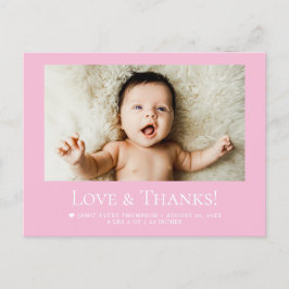 Cartão Postal Love & Thanks Pink Baby Photo announcement