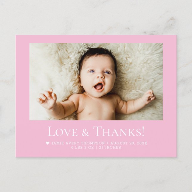 Cartão Postal Love & Thanks Pink Baby Photo announcement (Frente)