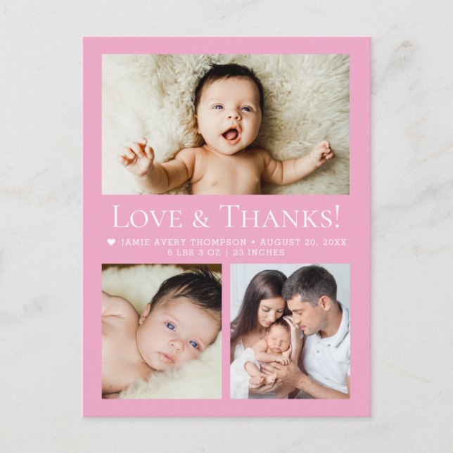 Cartão Postal Love & Thanks Pink Baby Photo Collage birth (Frente)