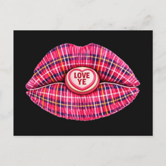 Cartão Postal Love Ye Scottish Tartan Kiss Lips Scotland pink