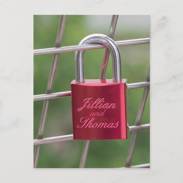 Cartão Postal Lovers Padlock Specialized Red Calligraphic Text (Frente)