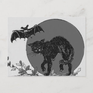 Cartão Postal Lua Cheia de Gato Preto Monocromático