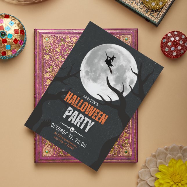 Cartão Postal Lua Cheia do Dia das Bruxas Negro e Laranja (Criador carregado)