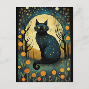 Cartão Postal Lua Cheia Floral de Gato Negro Halloween