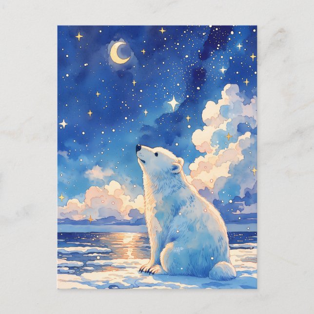 Cartão Postal Lua Crescente Brilhante Urso Polar Bloco de Gelo F (Frente)