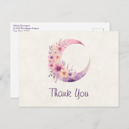 Cartão Postal Lua Crescente Rosa com Flores Bonitas Obrigado