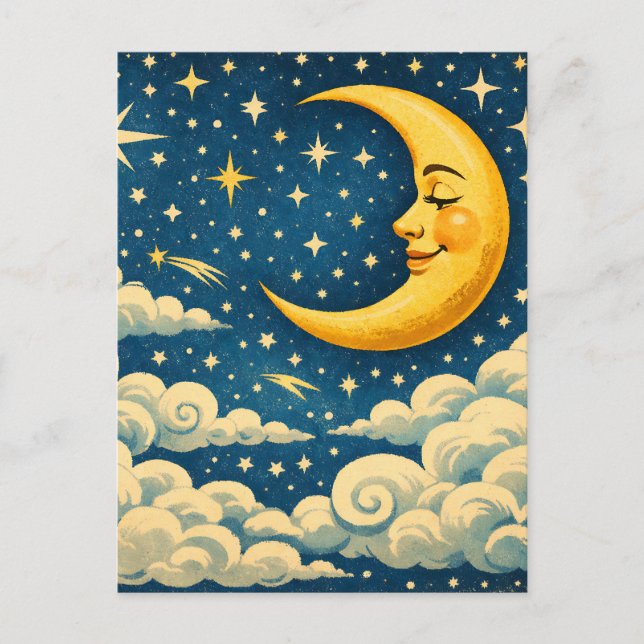 Cartão Postal Lua Crescente Vintage Céu Noturno (Frente)