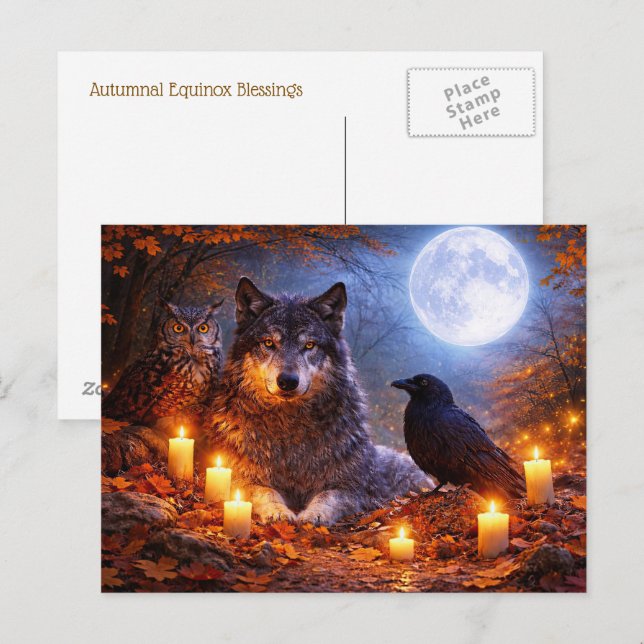 Cartão Postal Lua da Coruja do Lobo do Equinócio de Outono  (Frente/Verso)