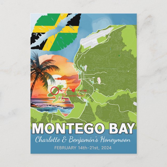 Cartão Postal Lua de Mel Romântica Mapa de Montego Bay Jamaica (Frente)
