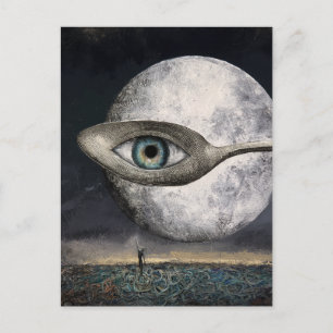 Cartão Postal Lua e Colher Surrealistas com Colagem de Olho