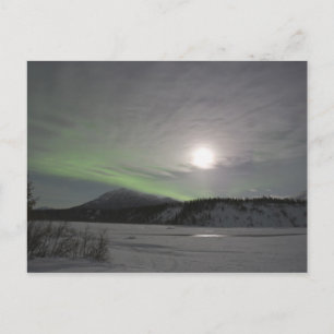 Cartão Postal Lua sobe sobre a cortina de aurora borealis verde