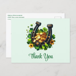 Cartão Postal Lucky Ferradura Moedas Douradas e Clover Obrigado