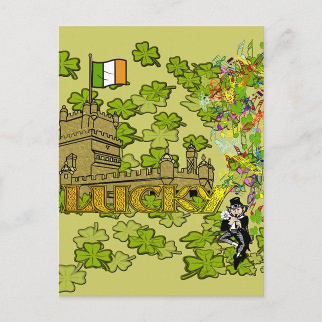 Cartão Postal Lucky Leprechaun e seu Castelo Irlandês (Frente)