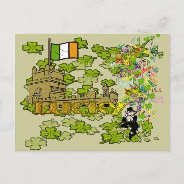 Cartão Postal Lucky Leprechaun e seu Castelo Irlandês (Frente)