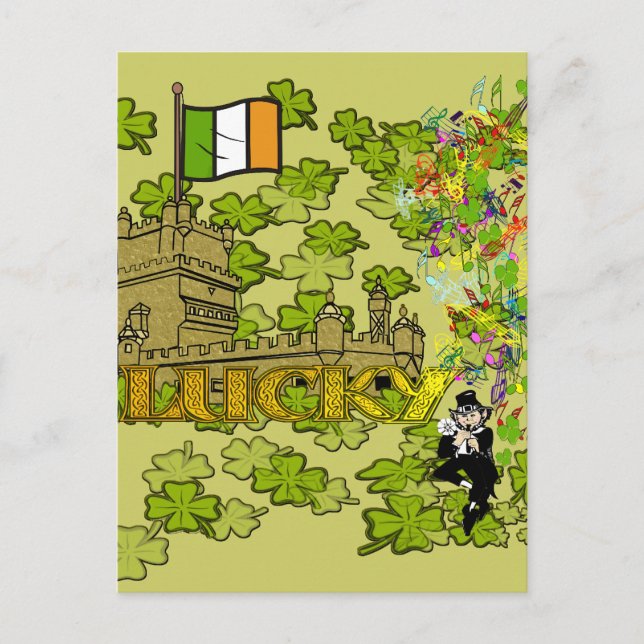 Cartão Postal Lucky Leprechaun e seu Castelo Irlandês (Frente)