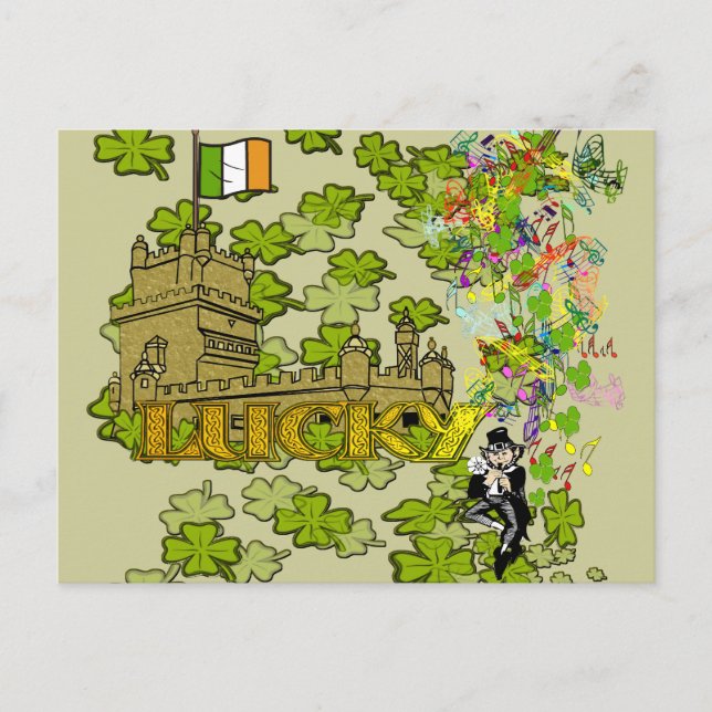 Cartão Postal Lucky Leprechaun e seu Castelo Irlandês (Frente)
