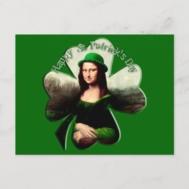Cartão Postal Lucky Mona Lisa Dia de São Patrício Shamrock (Frente)