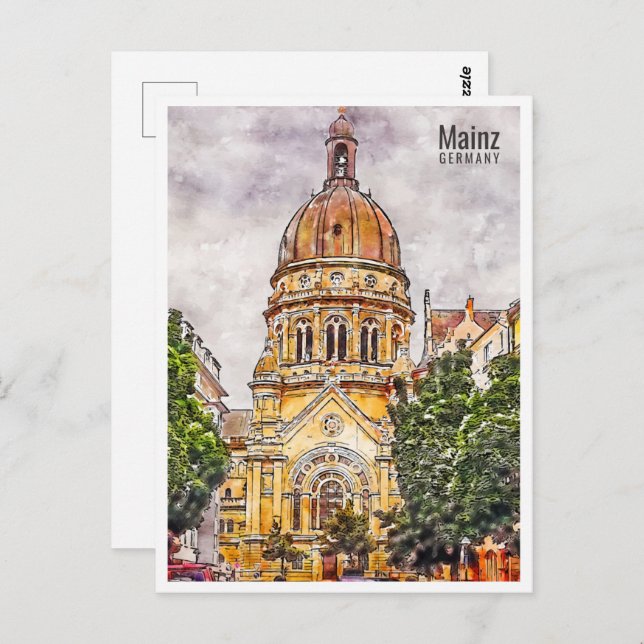 Cartão Postal Lugar de Viagem Mainz Alemanha Aquarela (Frente/Verso)
