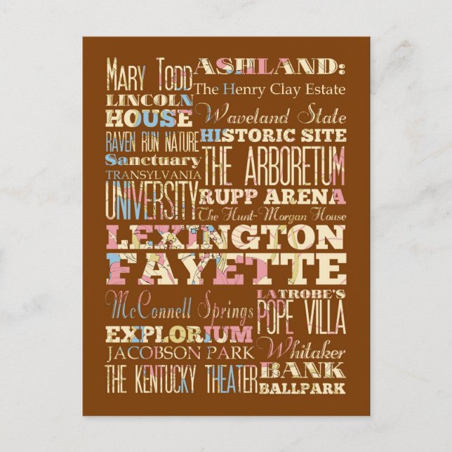 Cartão Postal Lugares famosos de Lexington Fayette, Kentucky. (Frente)