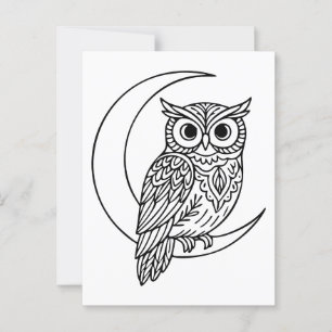 Cartão Postal Luna Owl Line Art com Moon Crescente