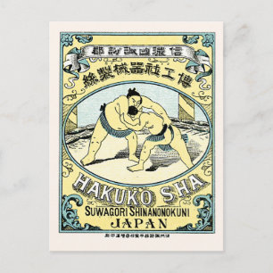 Cartão Postal Lutadores de Sumô ~ Antiga Etiqueta de Seda Japone