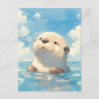 Cartão Postal Lutra Adorável em Aquarela Céu Azul Ensolarado
