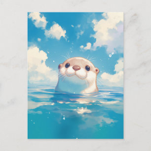 Cartão Postal Lutra Adorável em Aquarela sob o Céu Azul Ensolara