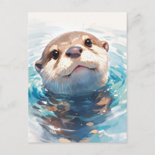 Cartão Postal Lutra Curiosa em Aquarela na Água Azul