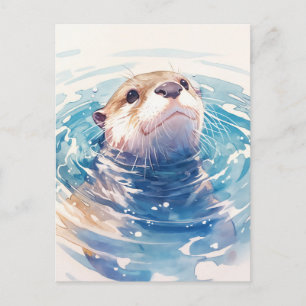 Cartão Postal Lutra Curiosa em Aquarela na Água Azul