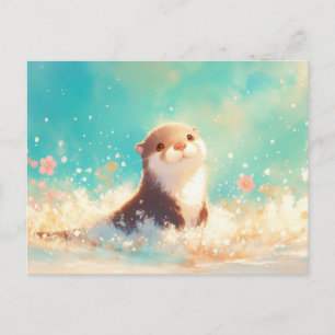 Cartão Postal Lutra Feliz Brincando no Mar Turquesa