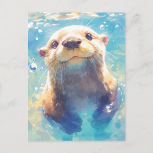 Cartão Postal Lutra Feliz de Aquarela Nadando