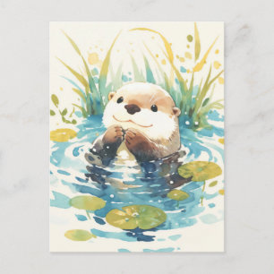 Cartão Postal Lutra Feliz em Lago de Lírios em Aquarela