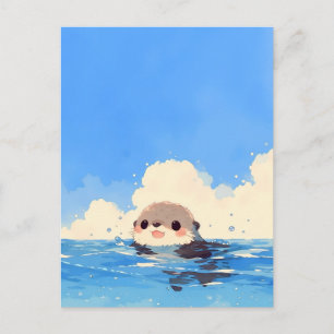 Cartão Postal Lutra Feliz Nadando no Oceano Azul