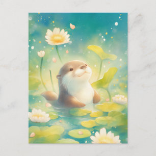 Cartão Postal Lutra Feliz no Lago de Lírios de Verão