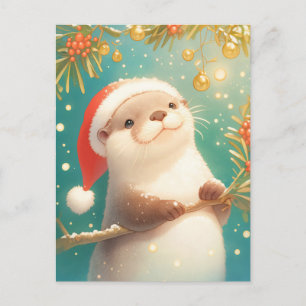 Cartão Postal Lutra Natalina Festiva com Chapéu de Papai Noel