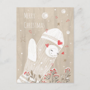 Cartão Postal Luvinha de Natal Gatinho na Neve Desenho Moderno